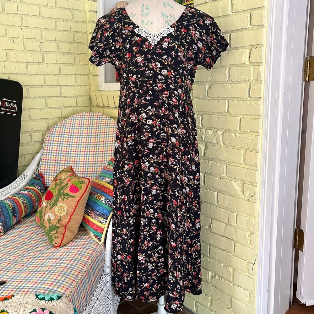 vintage 90s black floral midi dress m/l